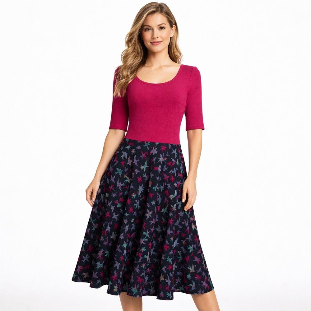 Lularoe Nicole Dress Womens XL Pink Black Bird Print Fit Flare Midi Elbow Sleeve
